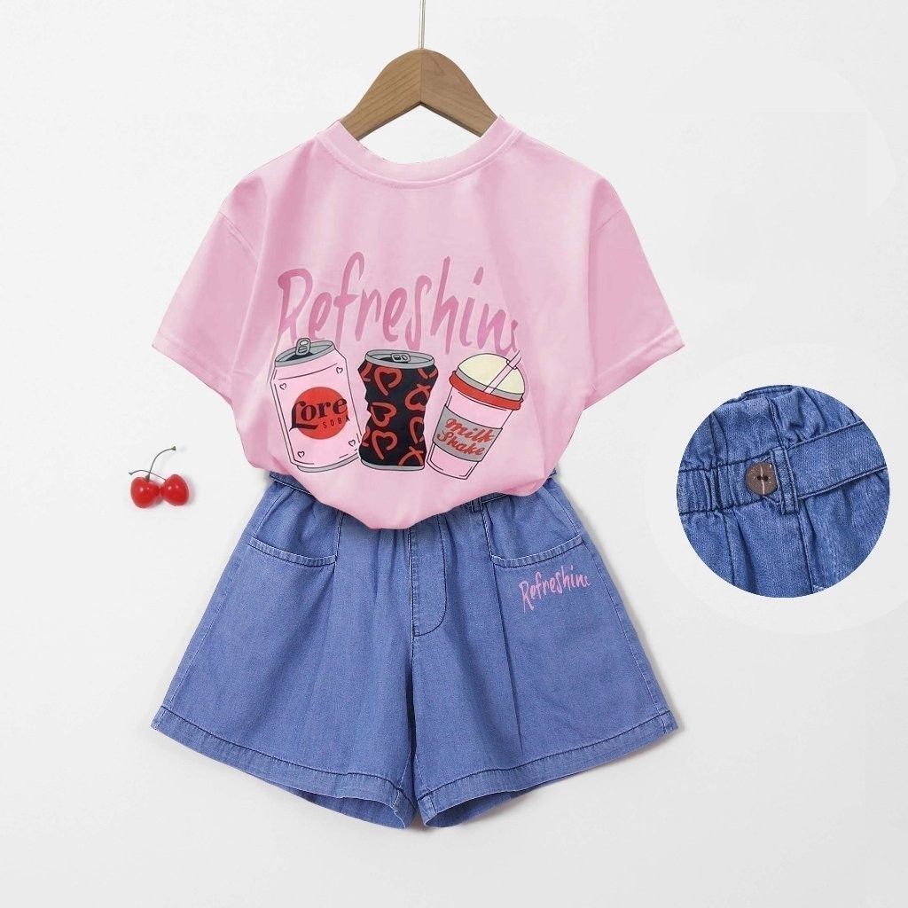 Set Áo Thun Coca Refreshing Kèm Quần Đùi Jean Bé Gái