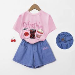 Set Áo Thun Coca Refreshing Kèm Quần Đùi Jean Bé Gái