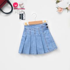 Chân Váy Jean Xếp Ly Bé Gái Dây Nút Lưng