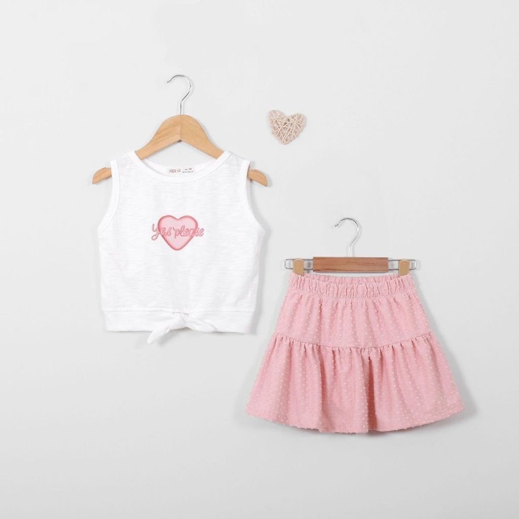 Bộ Thun Chân Váy Xếp Ly Kèm Áo Sát Nách Yes Please Bé Gái