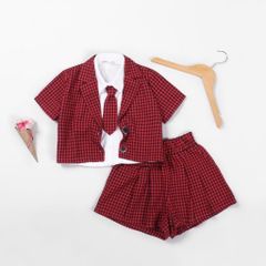 Set Vest Caro Kèm Quần Đùi Và Cà Vạt Cho Bé Gái Cá Tính