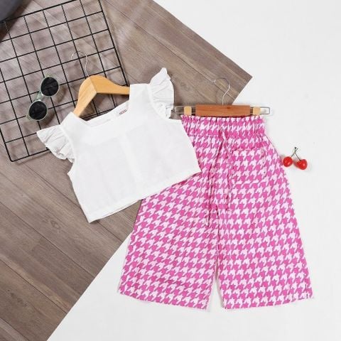 Set Quần Dài Caro Kèm Áo Croptop Cánh Tiên Bé Gái