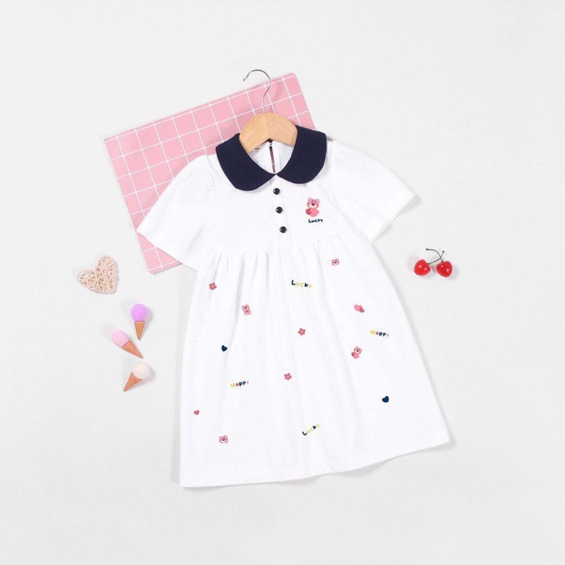 Đầm Thun Cổ Bẻ Babydoll Bé Gái In Họa Tiết Gấu Lotso