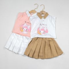 Set Váy Phong Cách Hàn Quốc Áo Cổ Bẻ In Thỏ Melody Kèm Chân Váy Xếp Ly Bé Gái Nexxi