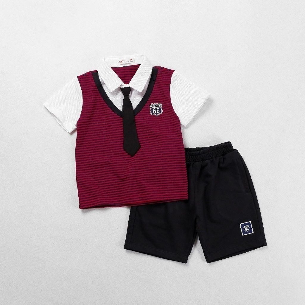 Bộ Thun Lửng Giả Vest Sọc Phối Cà Vạt Bé Trai