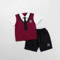 Bộ Thun Lửng Giả Vest Sọc Phối Cà Vạt Bé Trai