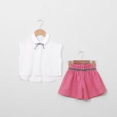 Set Áo Tơ Nơ Caro Kèm Quần Đùi Linen Bé Gái