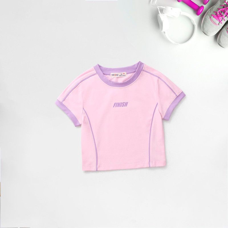 Áo Thun Croptop Bé Gái Viền Màu In Chữ Finish