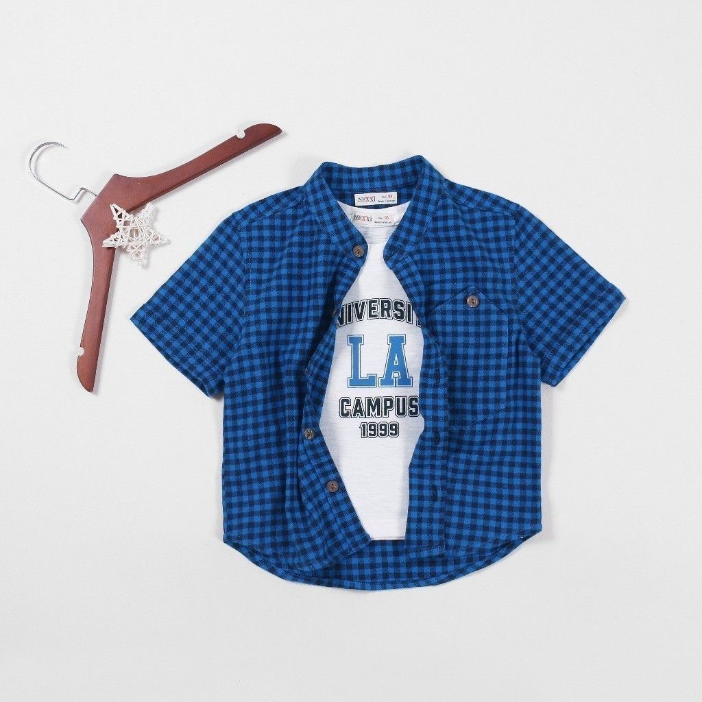 Set Sơ Mi Caro Cổ Trụ Bé Trai Kèm Áo Thun In LA