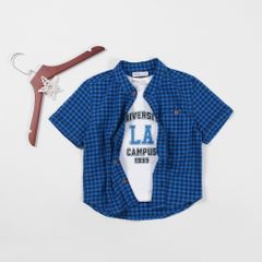 Set Sơ Mi Caro Cổ Trụ Bé Trai Kèm Áo Thun In LA