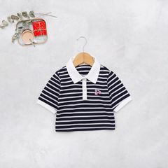 Áo Thun Sọc Cổ Bẻ Croptop Bé Gái In Cherry