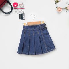 Chân Váy Jean Xếp Ly Bé Gái Dây Nút Lưng