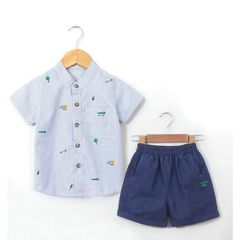 Set Bé Trai Sơ Mi Cổ Trụ In Họa Tiết Cá Sấu Kèm Quần Sọt Jean