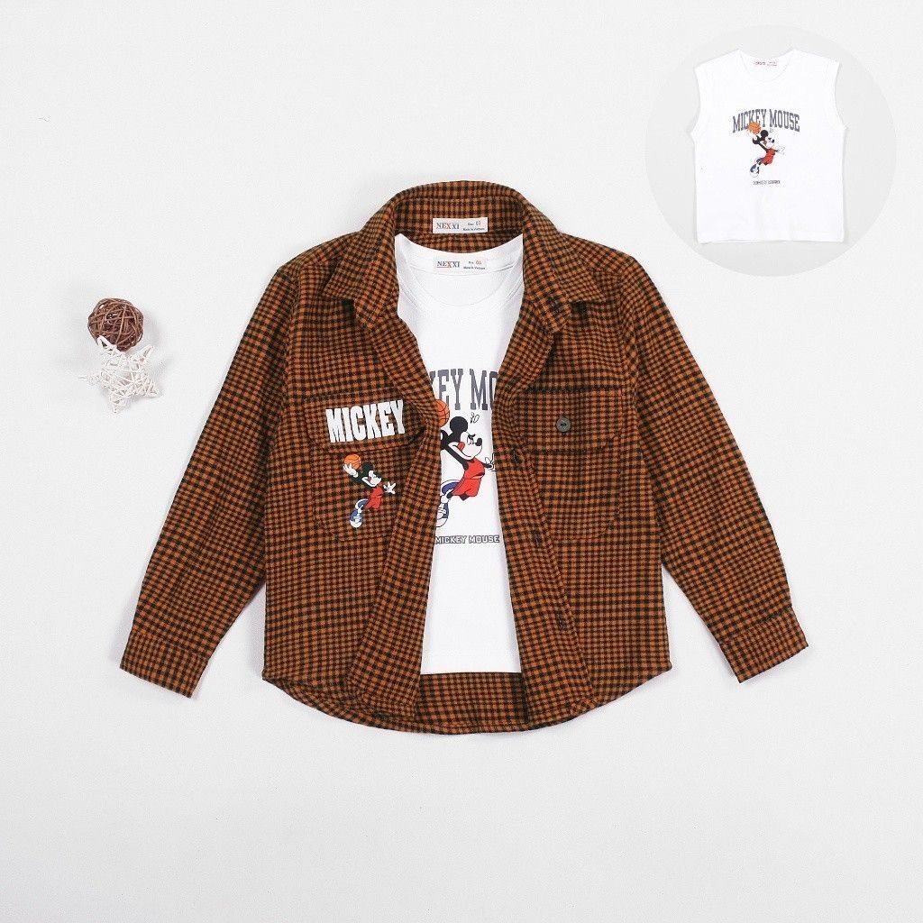 Set Sơ Mi Caro Dài Tay Bé Trai Kèm Áo Thun Mickey