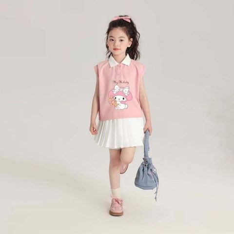 Set Váy Phong Cách Hàn Quốc Áo Cổ Bẻ In Thỏ Melody Kèm Chân Váy Xếp Ly Bé Gái Nexxi