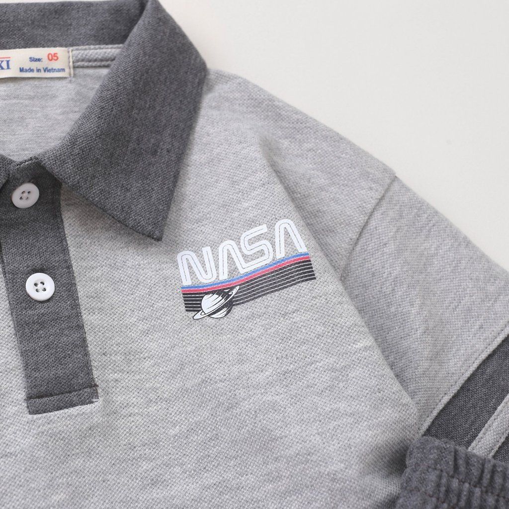 Set Bộ Bé Trai in Nasa Áo Polo Ngắn Tay Kèm Quần Sọt Chất Cá sấu Thoáng Mát Mùa Hè