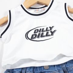 Set Thời Trang Bé Gái Áo Thun Sát Nách In Chữ Dilly Kèm Quần Short Jean
