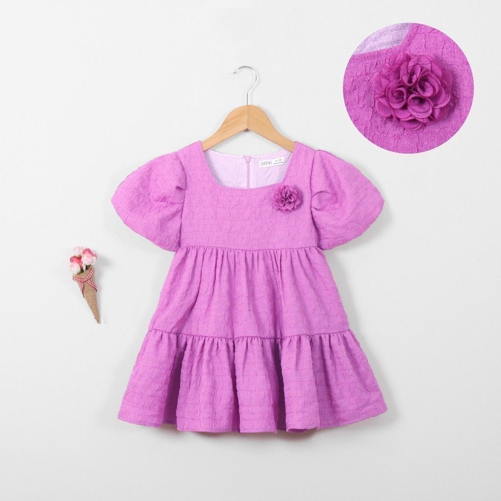 Đầm Babydoll Bé Gái Tay Phồng Đính Hoa
