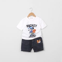 Set Áo Thun Mickey Kèm Quần Jean Lửng In Chữ M Bé Trai