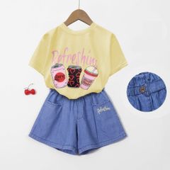 Set Áo Thun Coca Refreshing Kèm Quần Đùi Jean Bé Gái
