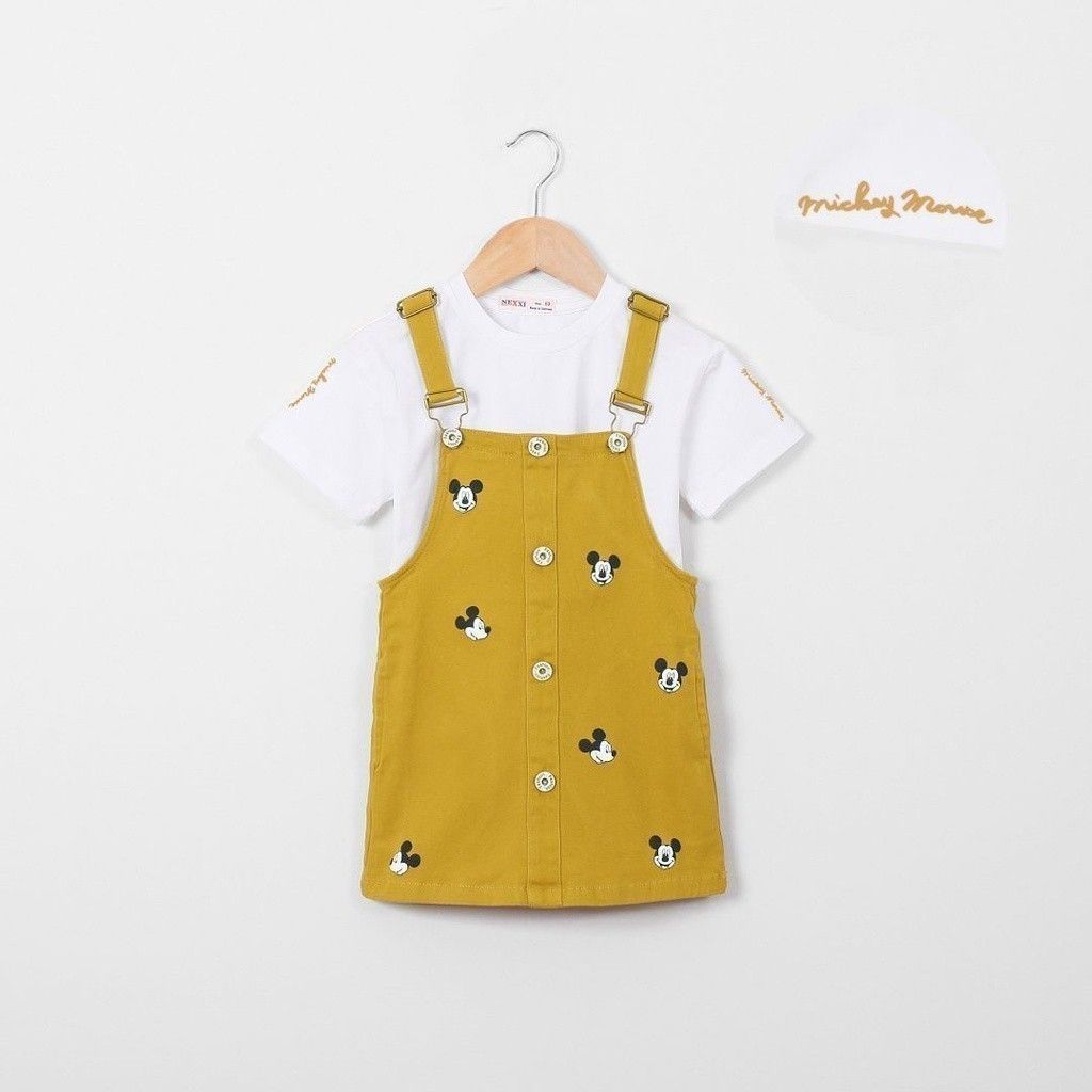 Set Yếm Kaki Bé Gái In Hoạ Tiết Mickey Nhiều Nút