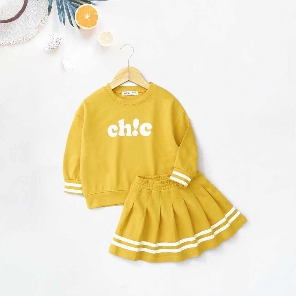 Set Bé Gái Áo Sweater Kèm Chân Váy Viền Sọc In Chữ Chic