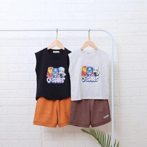 Bộ Bé Trai Áo Thun 4 Chiều Sát Nách In Siêu Anh Hùng Kèm Quần đùi Da Cá Nexxi