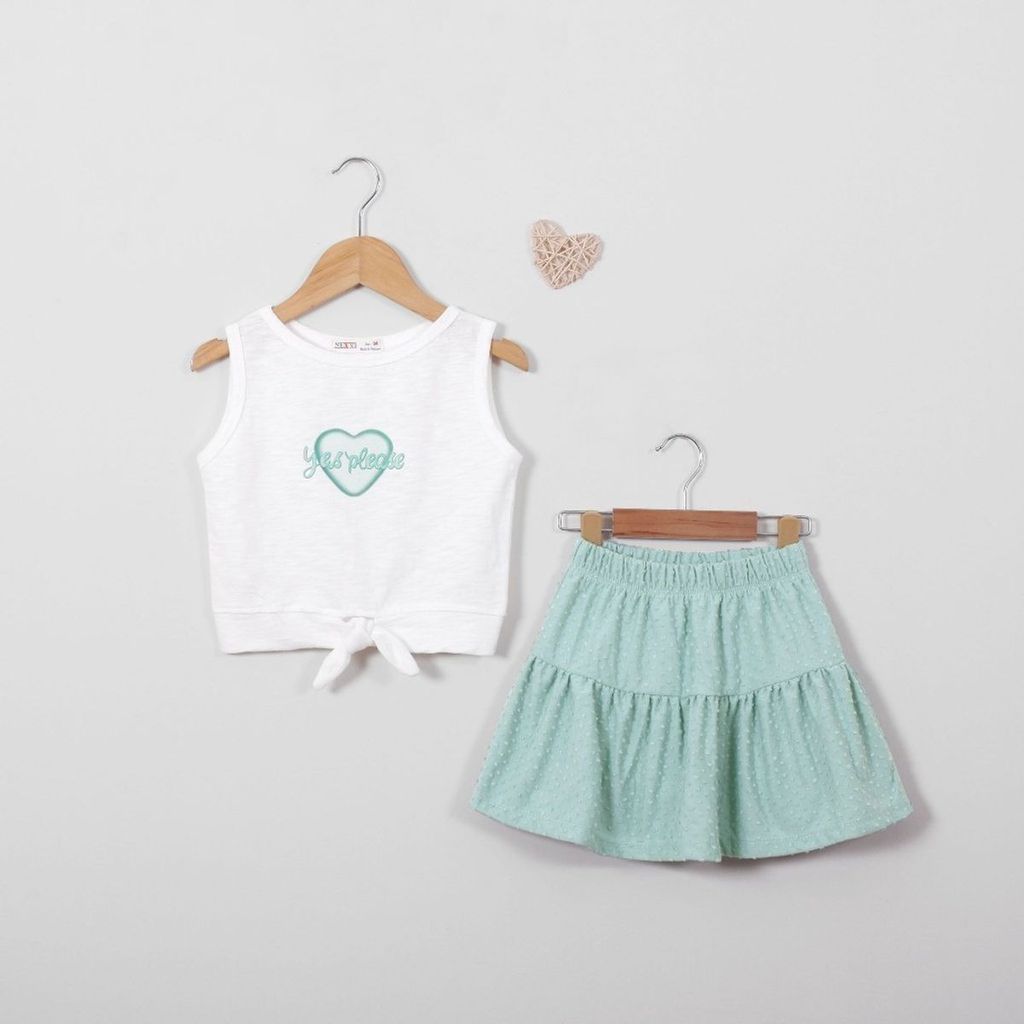 Bộ Thun Chân Váy Xếp Ly Kèm Áo Sát Nách Yes Please Bé Gái