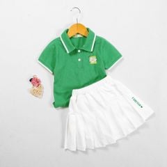 Set Áo Thun Polo Thể Thao In Hoa Cúc Kèm Chân Váy Xếp Ly Bé Gái