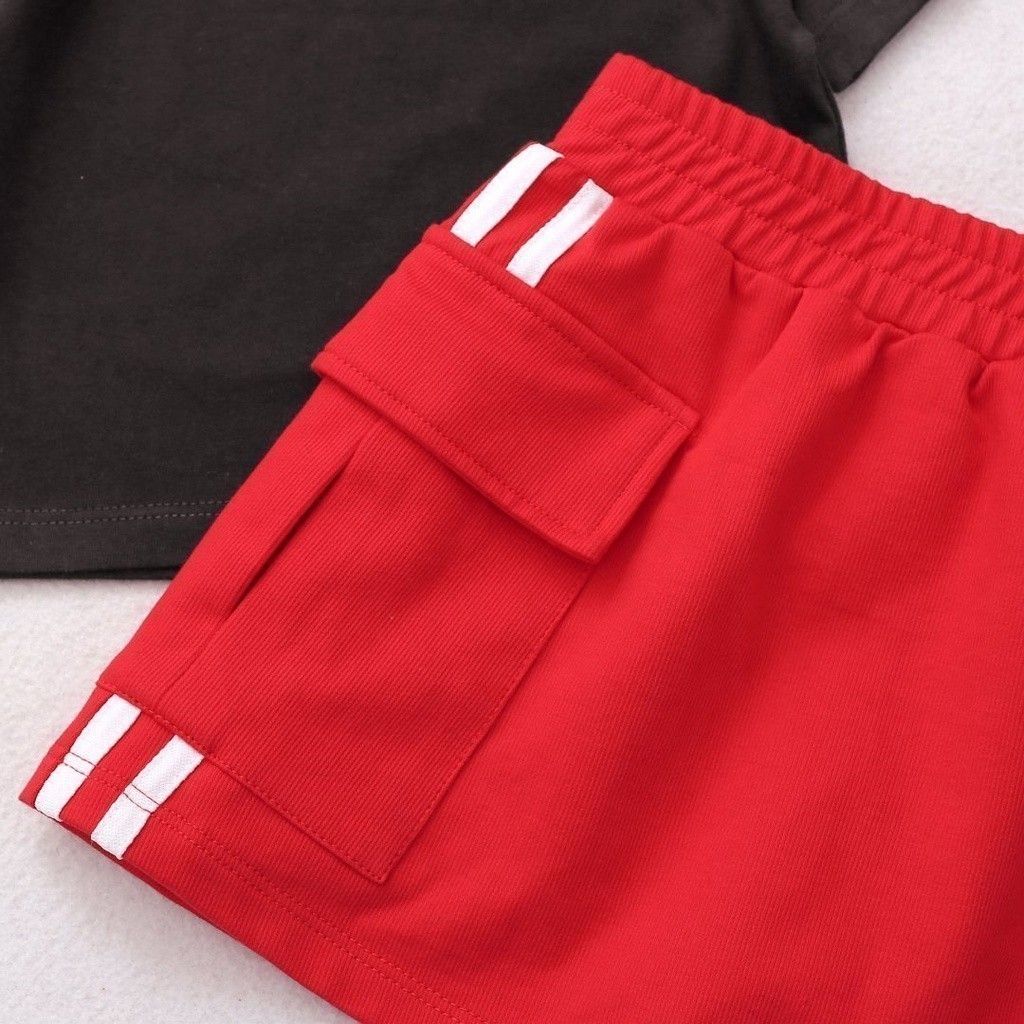 Set Chân Váy Thun Túi Hộp Viền Sọc Kèm Áo Thun In Chữ N Cho Bé Gái