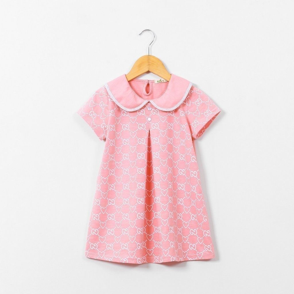 Đầm Thun Polo Bé Gái Xếp Ly Ngực In Họa Tiết GG