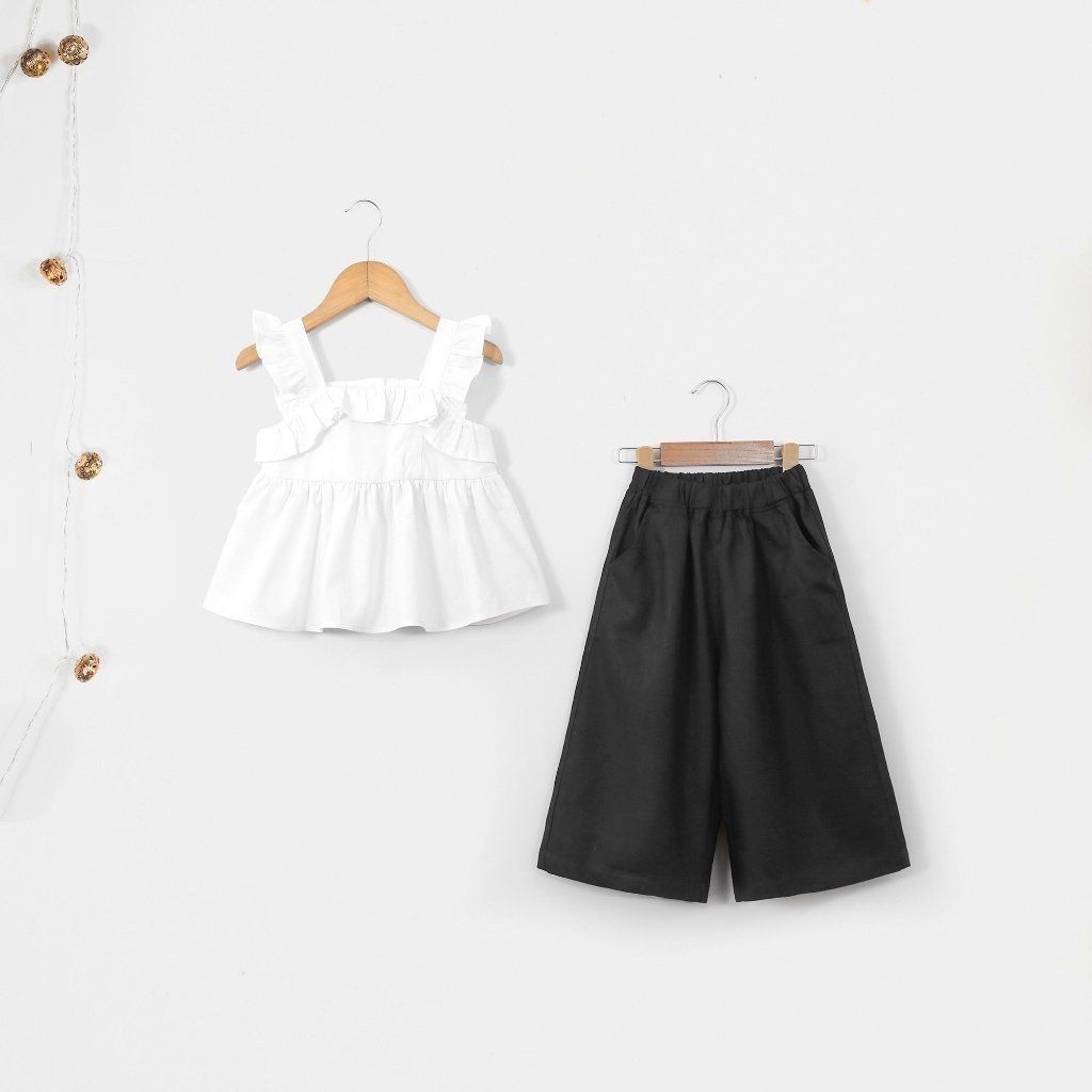 Bộ Áo Hai Dây Viền Bèo Kèm Quần Lửng Ống Rộng Chất Liệu Linen Cho Bé Gái