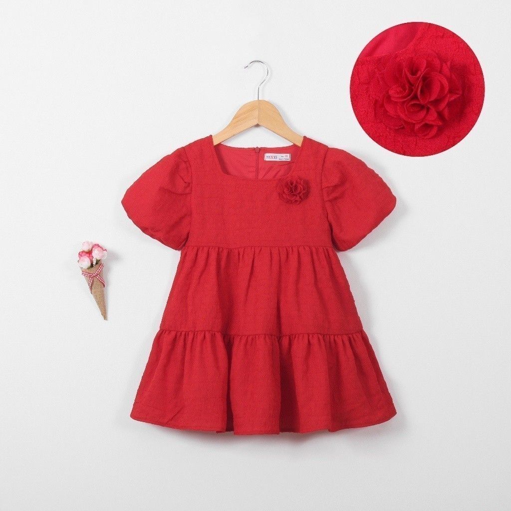 Đầm Babydoll Bé Gái Tay Phồng Đính Hoa