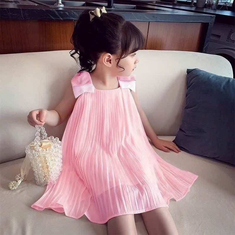 Đầm Voan Bé Gái Dập Ly Nơ Vai Kiểu