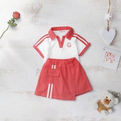 Set Chân Váy Túi Hộp Kèm Áo Thun Cổ Bẻ Thêu Gấu Cho Bé Gái