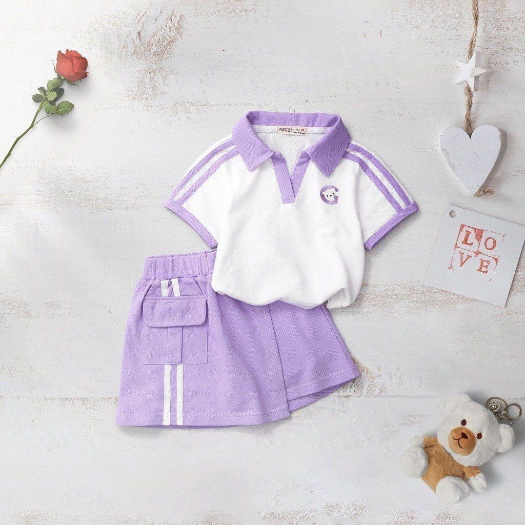 Set Chân Váy Túi Hộp Kèm Áo Thun Cổ Bẻ Thêu Gấu Cho Bé Gái