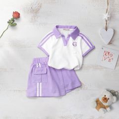 Set Chân Váy Túi Hộp Kèm Áo Thun Cổ Bẻ Thêu Gấu Cho Bé Gái
