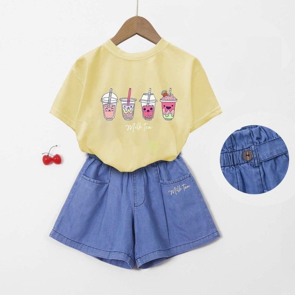 Set Quần Đùi Jean Kèm Áo Thun Form Rộng Bé Gái Milk Tea