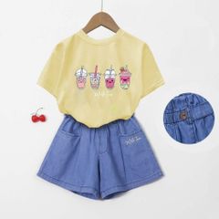 Set Quần Đùi Jean Kèm Áo Thun Form Rộng Bé Gái Milk Tea