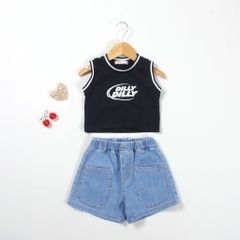 Set Thời Trang Bé Gái Áo Thun Sát Nách In Chữ Dilly Kèm Quần Short Jean