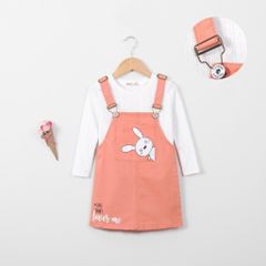 Set Yếm Váy Kaki Kèm Áo Dài Tay In Hình Thỏ Bé Gái