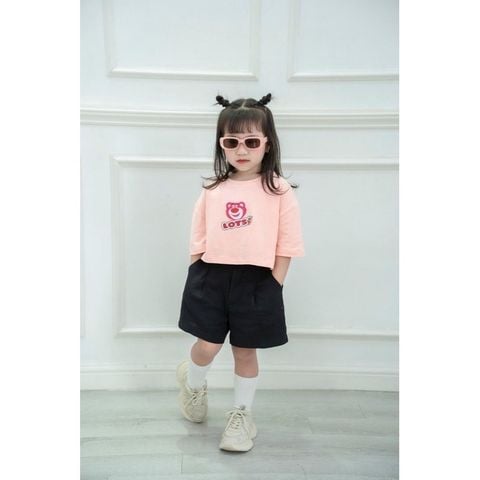 Set Bé Gái Cá Tính Áo Croptop In Hình Gấu Lotso Kèm Quần Đùi