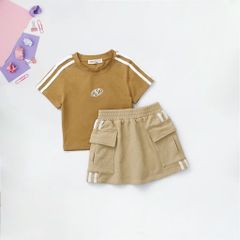 Set Chân Váy Thun Túi Hộp Viền Sọc Kèm Áo Thun In Chữ N Cho Bé Gái
