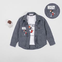 Set Sơ Mi Caro Dài Tay Bé Trai Kèm Áo Thun Mickey