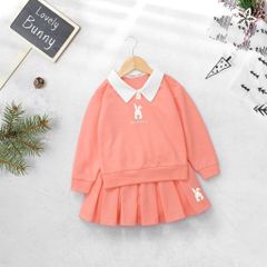 Set Áo Thun Dài Tay Cổ Bẻ Bunny Kèm Chân Váy Bé Gái