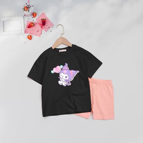 Bộ Áo Thun Form Rộng Quần Legging Đùi In Hình Nơ Và Kuromi Hotrend Cho Bé Gái