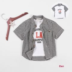 Set Sơ Mi Caro Cổ Trụ Bé Trai Kèm Áo Thun In LA