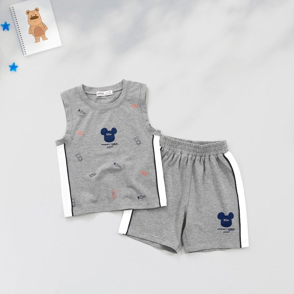 Bộ Thun Sát Nách Cho Bé Trai In Hoạ Tiết Gấu Qee