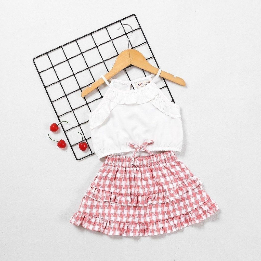 Set Áo 2 Dây Viền Bèo Kèm Váy Tầng Caro Bé Gái