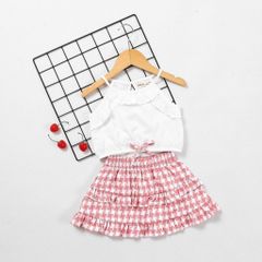 Set Áo 2 Dây Viền Bèo Kèm Váy Tầng Caro Bé Gái